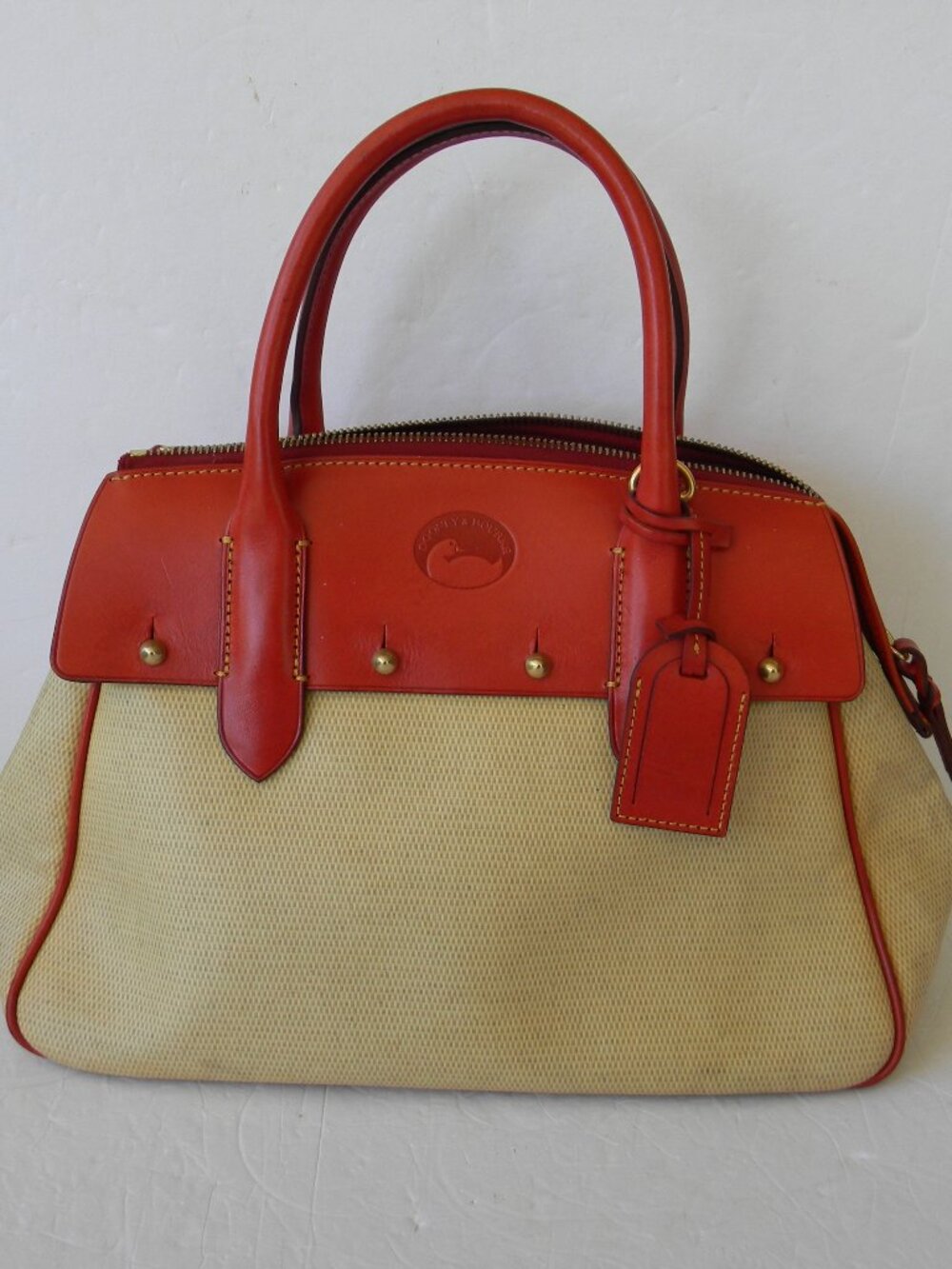 DOONEY & BOURKE PANAMA WILSON SATCHEL RED/CREAM CANVAS/LEATHER **STAIN ON BACK